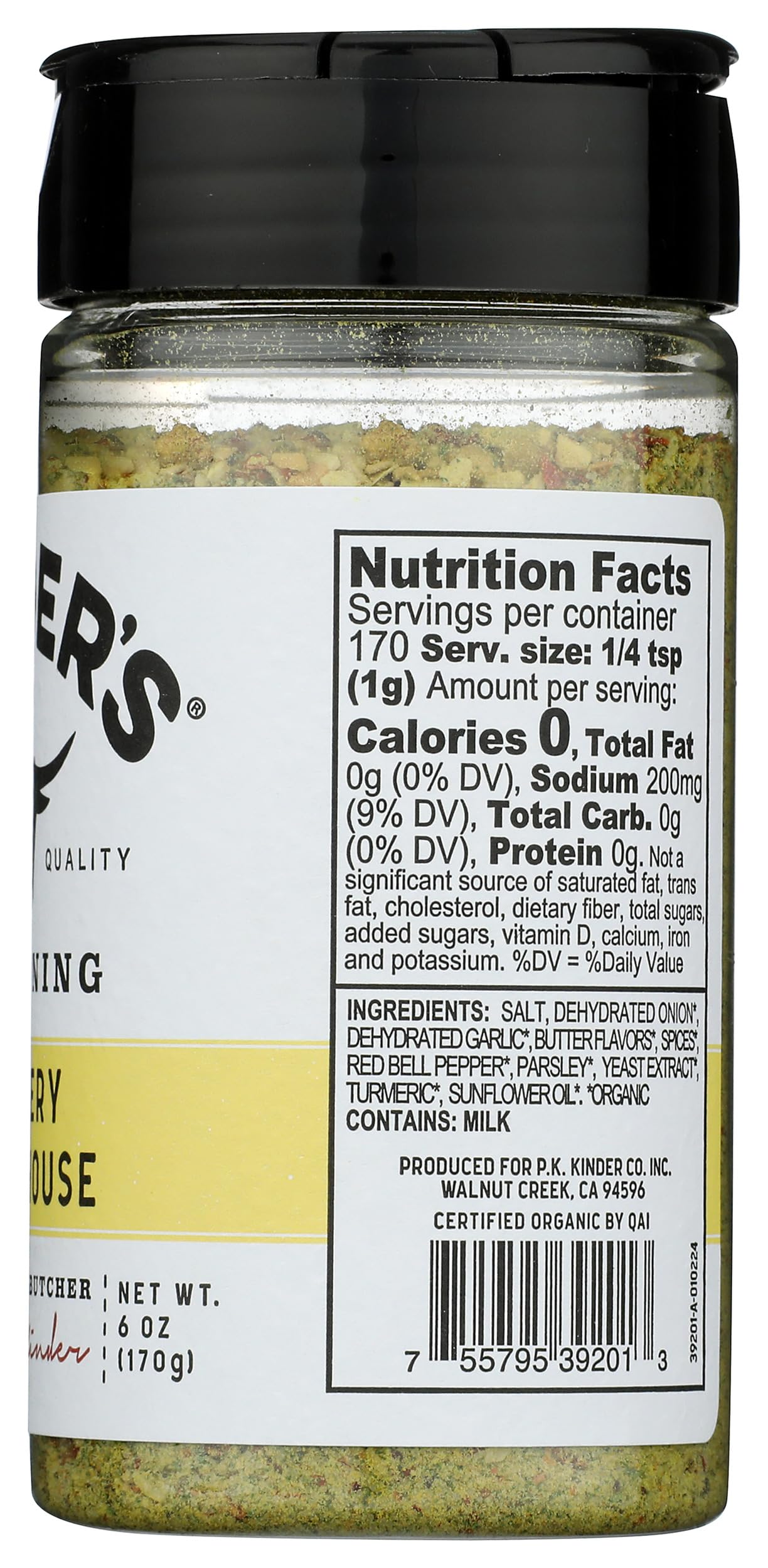 KINDER'S label close-up emphasizing organic formula and clean ingredients