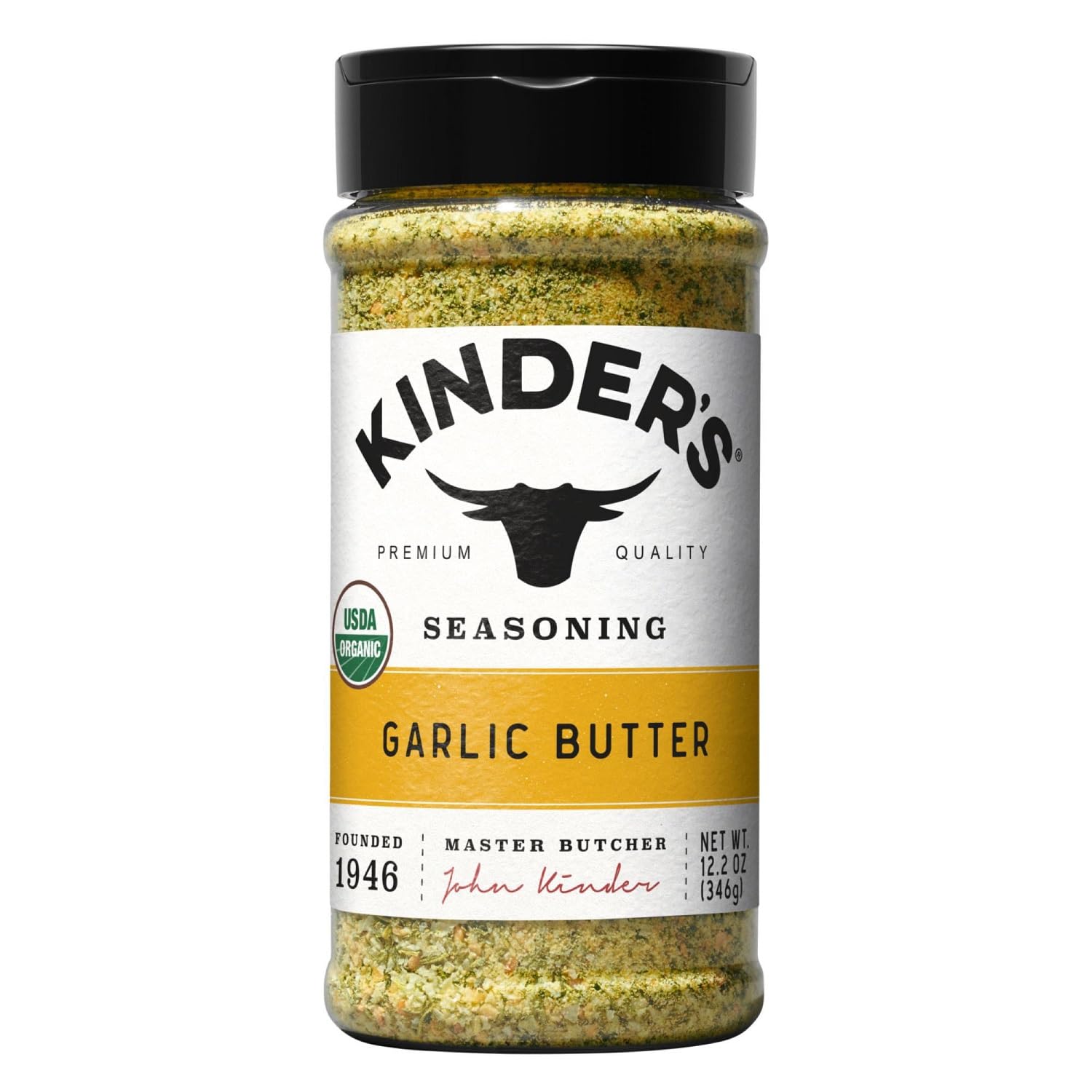 Kinder's Organic Garlic Butter Seasoning jar ready to flavor fish and vegetables.