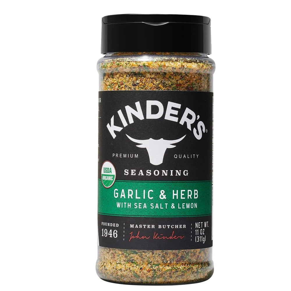 KINDER'S Organic Garlic and Herb seasoning bottle with sea salt and lemon aroma enhances meals.