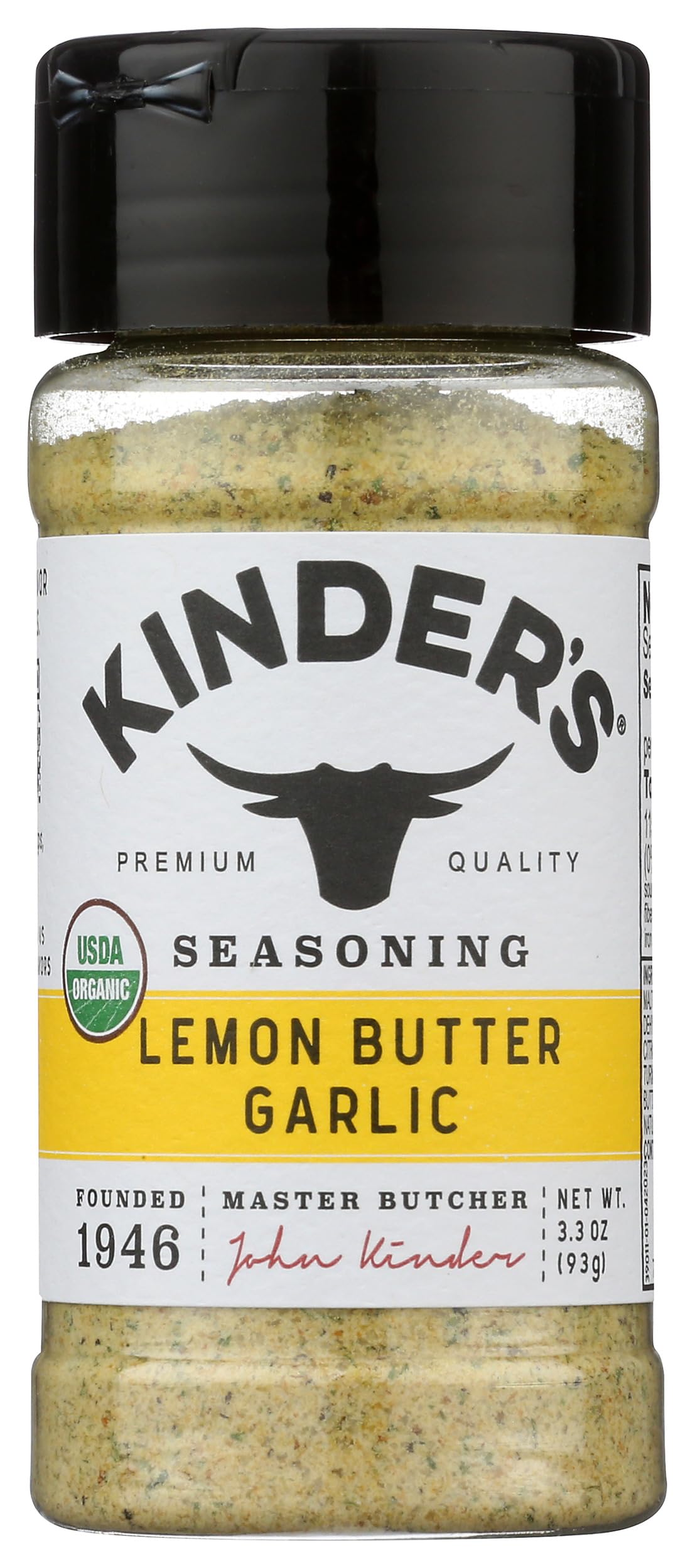 KINDER'S Organic Lemon Butter Garlic Seasoning jar on counter adds bright, versatile flavor to weeknight meals.