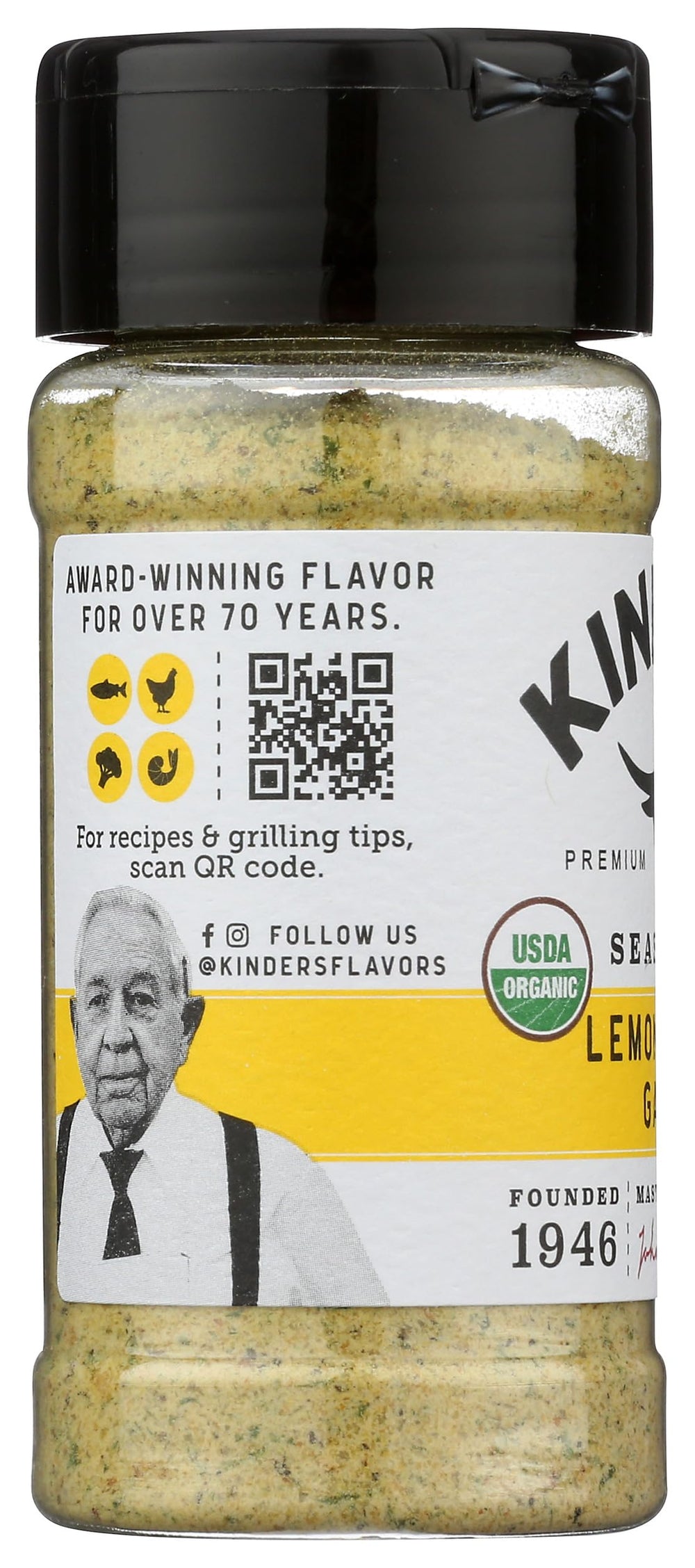 KINDER'S Organic Lemon Butter Garlic Seasoning packaging front showcases organic promise.