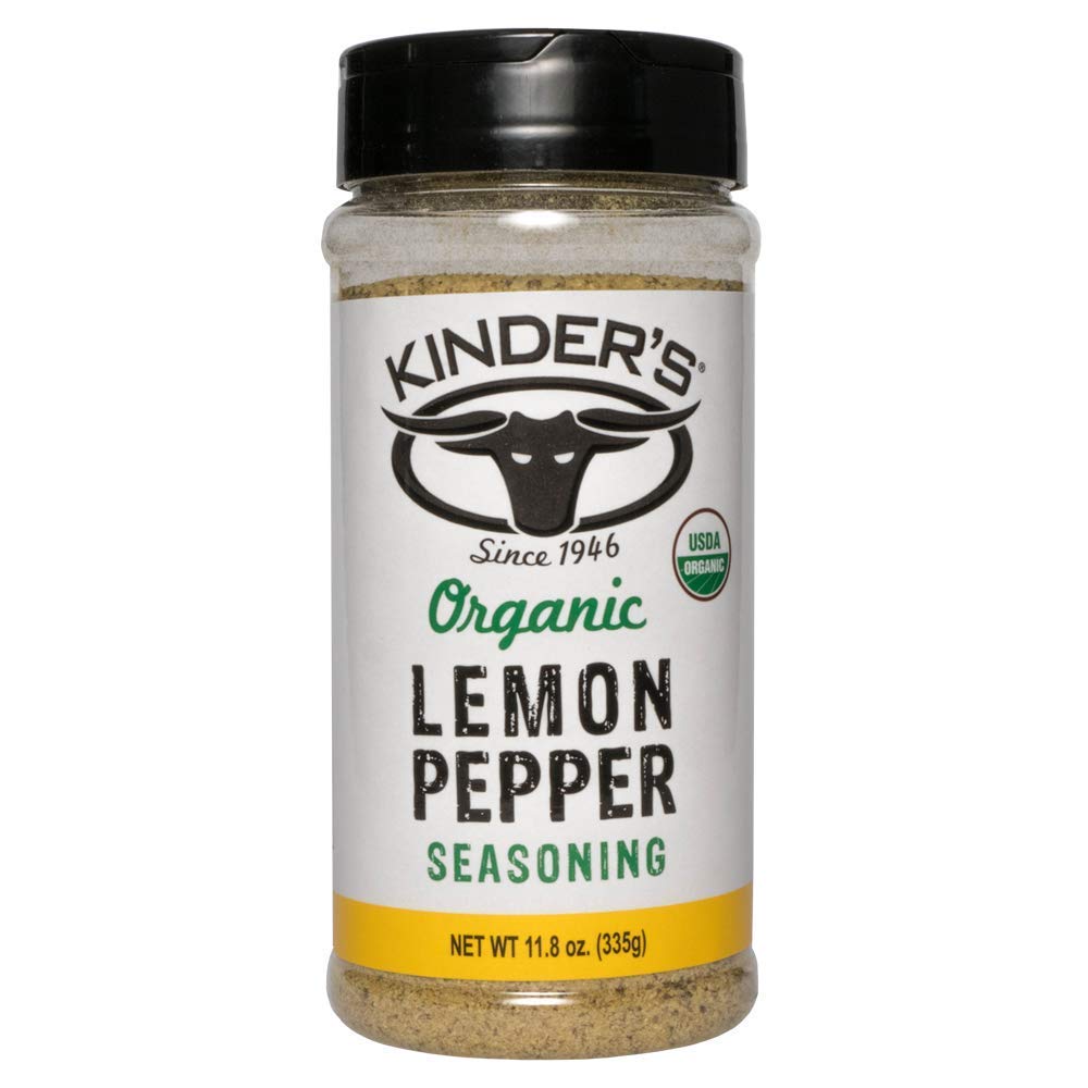 Kinder's Organic Lemon Pepper Seasoning bottle front with vibrant citrus aroma for poultry