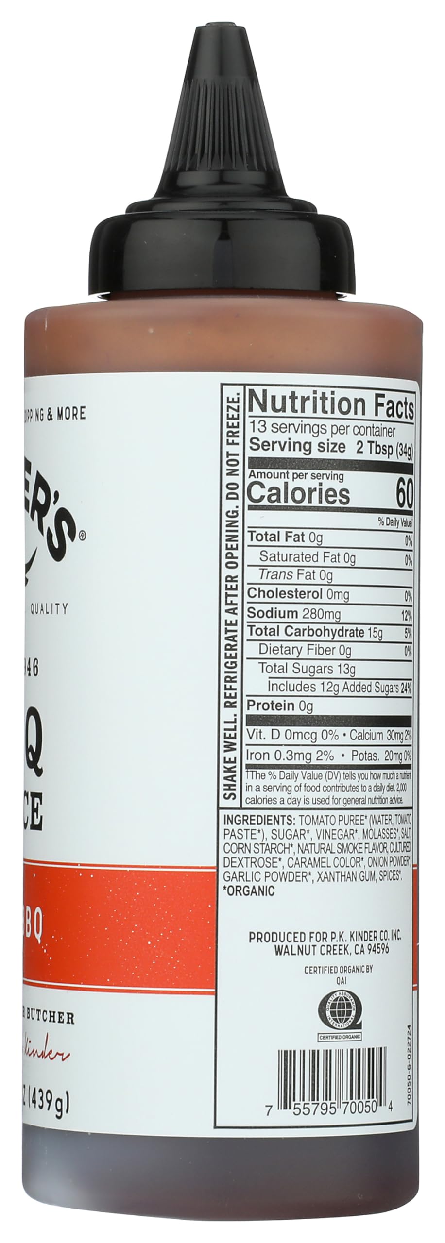 KINDER'S Organic Mild BBQ Sauce label closeup showing organic seal