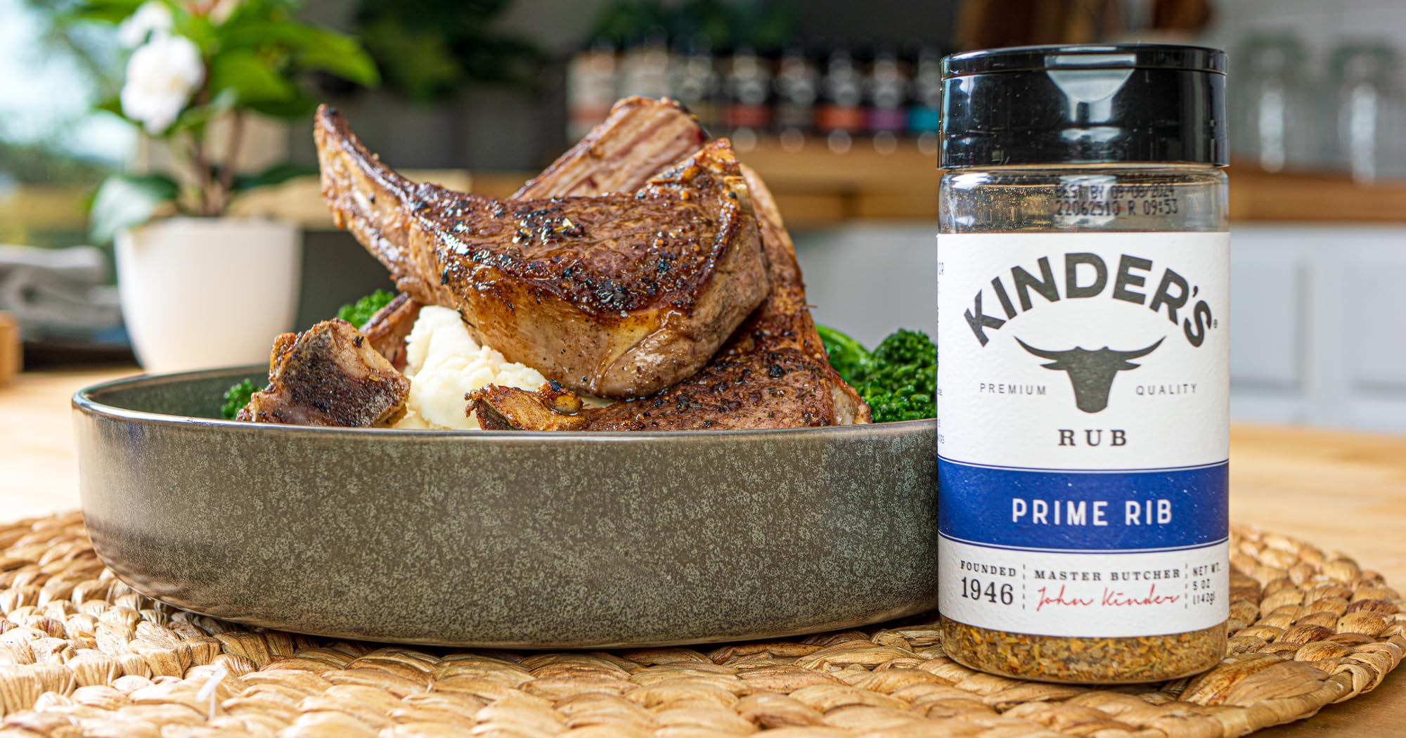 Grill-ready prime rib seasoned with Kinder's rub