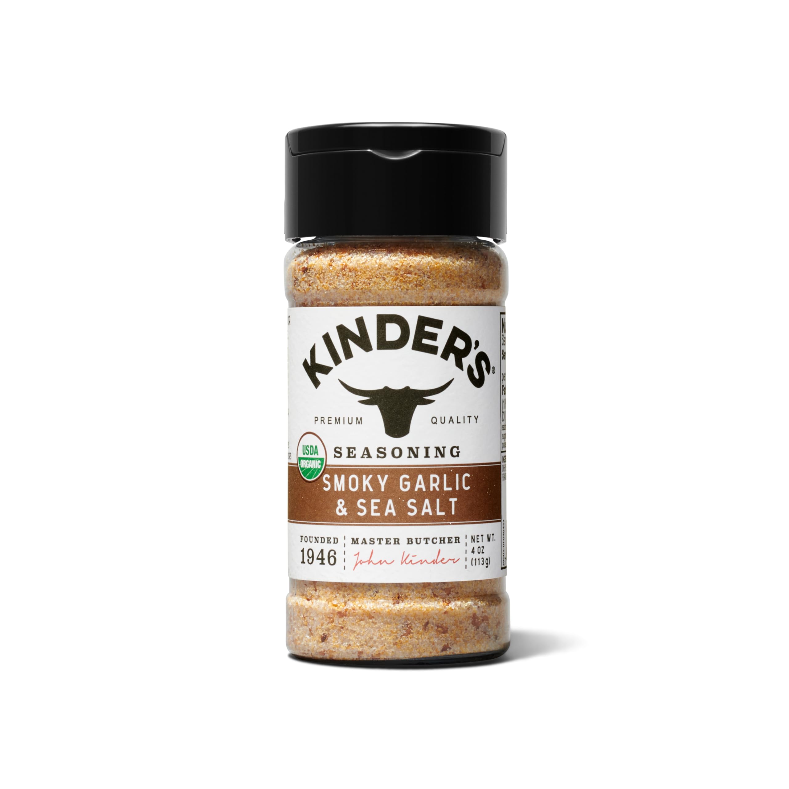 Kinder's Organic Smoky Garlic & Sea Salt bottle pour adds smoky aroma to meals.