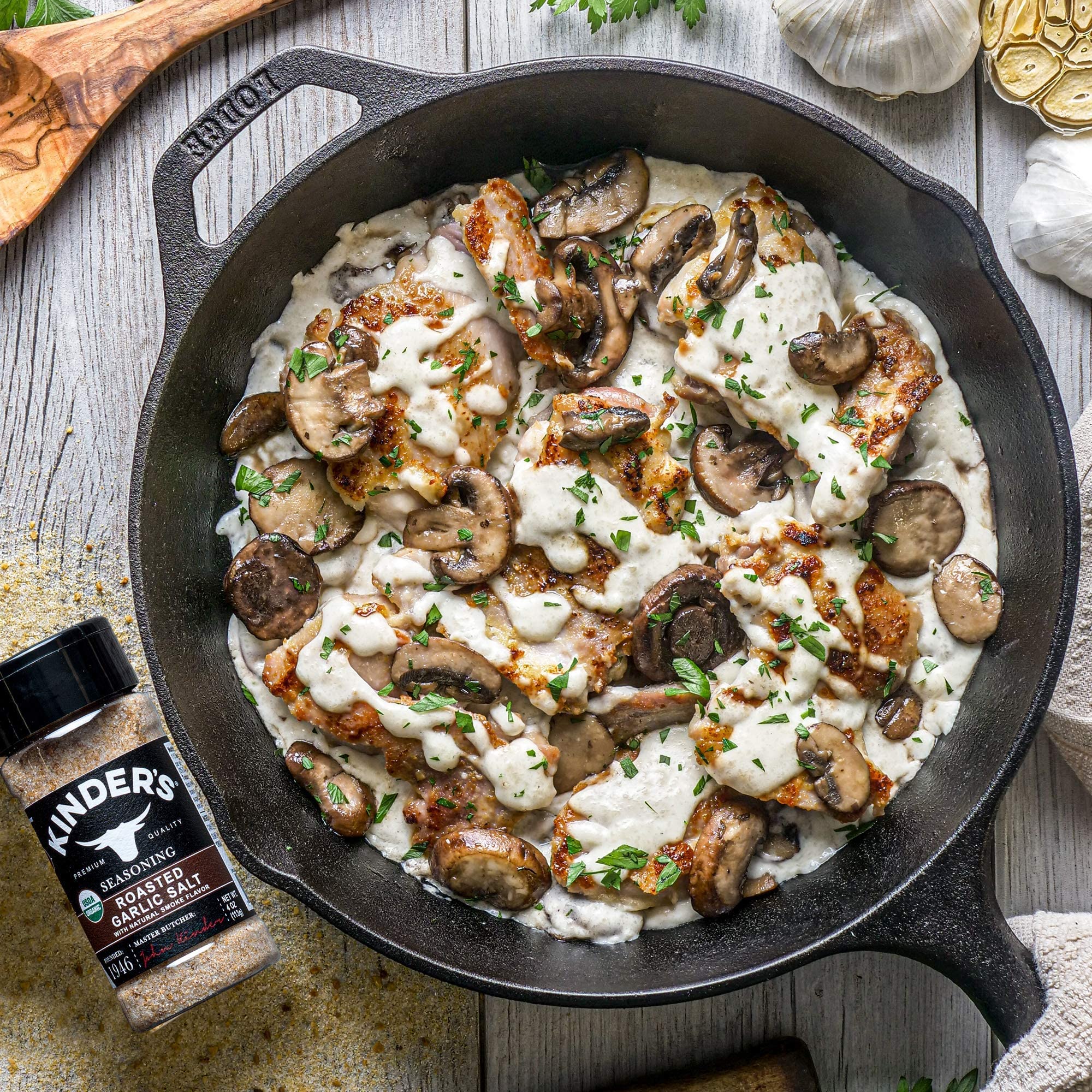 Kinder's Smoky Garlic & Sea Salt shaker keeps seasoning within reach.