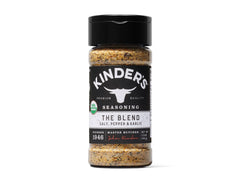 KINDER'S Organic The Blend bottle on counter adds savory salt, pepper, and garlic to meals.