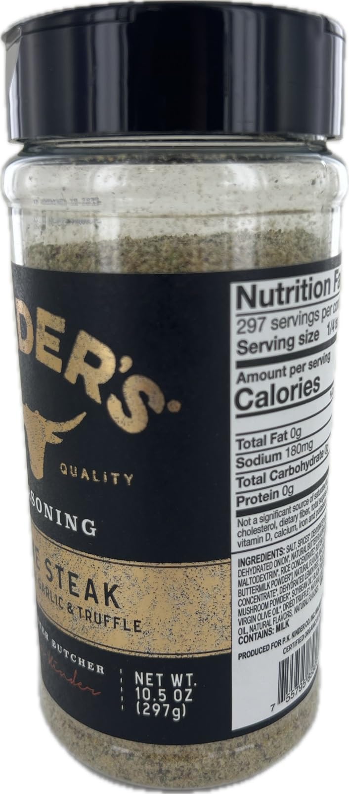 KINDER'S Prime Steak rub bottle dispensing for easy measuring and sprinkling.