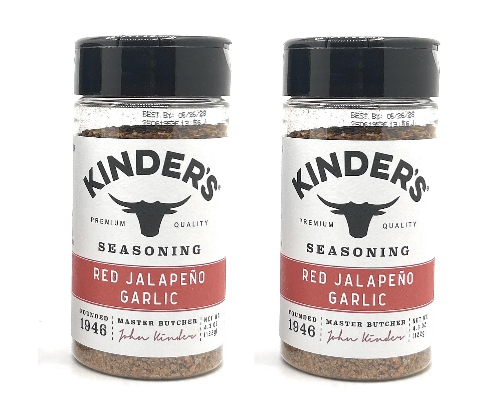 Kinder's Red Jalapeño Garlic bottle pour demonstrates easy shaker seasoning for quick flavor boosts.