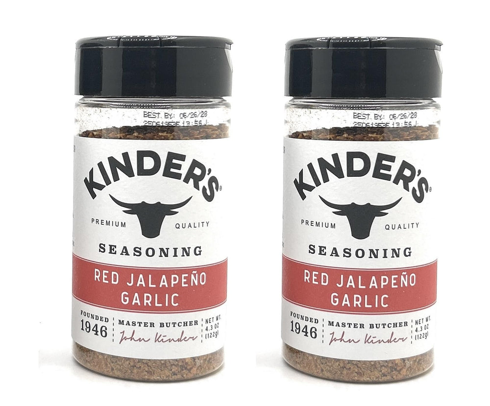Kinder's Red Jalapeño Garlic bottle pour demonstrates easy shaker seasoning for quick flavor boosts.