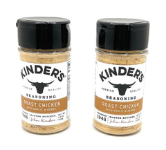 Kinder's Roast Chicken seasoning bottle pour enhances quick poultry roasts.