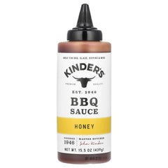 Kinder's BBQ Honey Sqz bottle ready for versatile grilling and dipping.