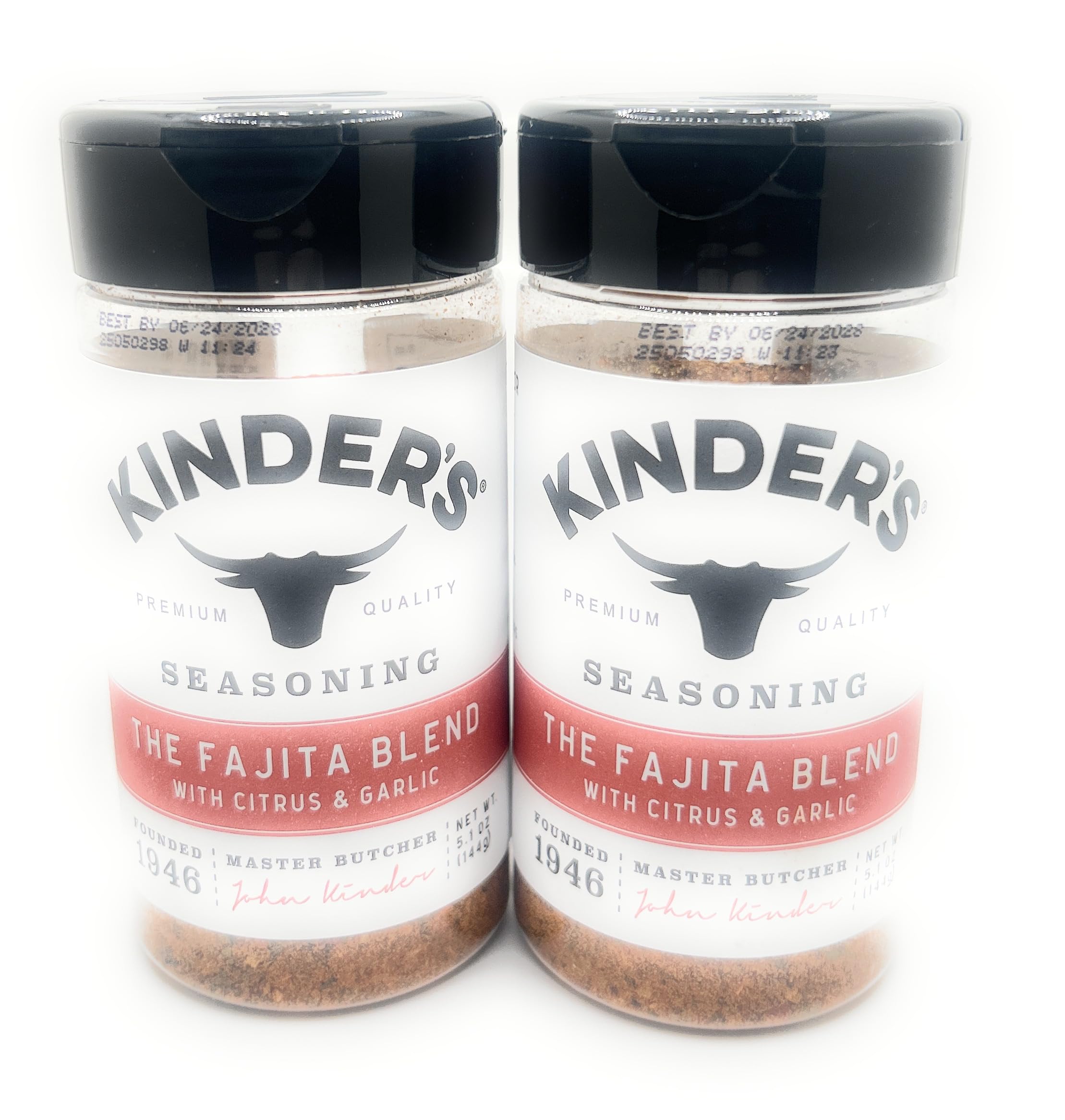 Kinder's Fajita Blend seasoning bottle close-up highlighting bold flavor for fajitas and veggies.