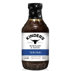 Kinder's Teriyaki bottle pouring over grilled chicken for a savory-sweet glaze.