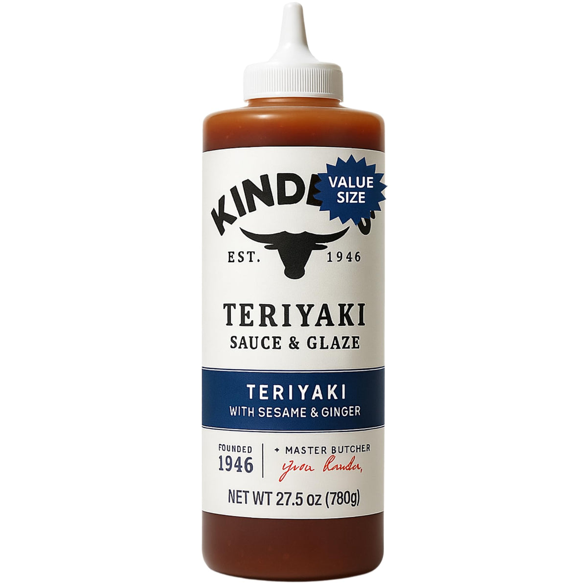 Kinder's Teriyaki sauce bottle front view, highlighting rich flavor for grilling and stir-fry.