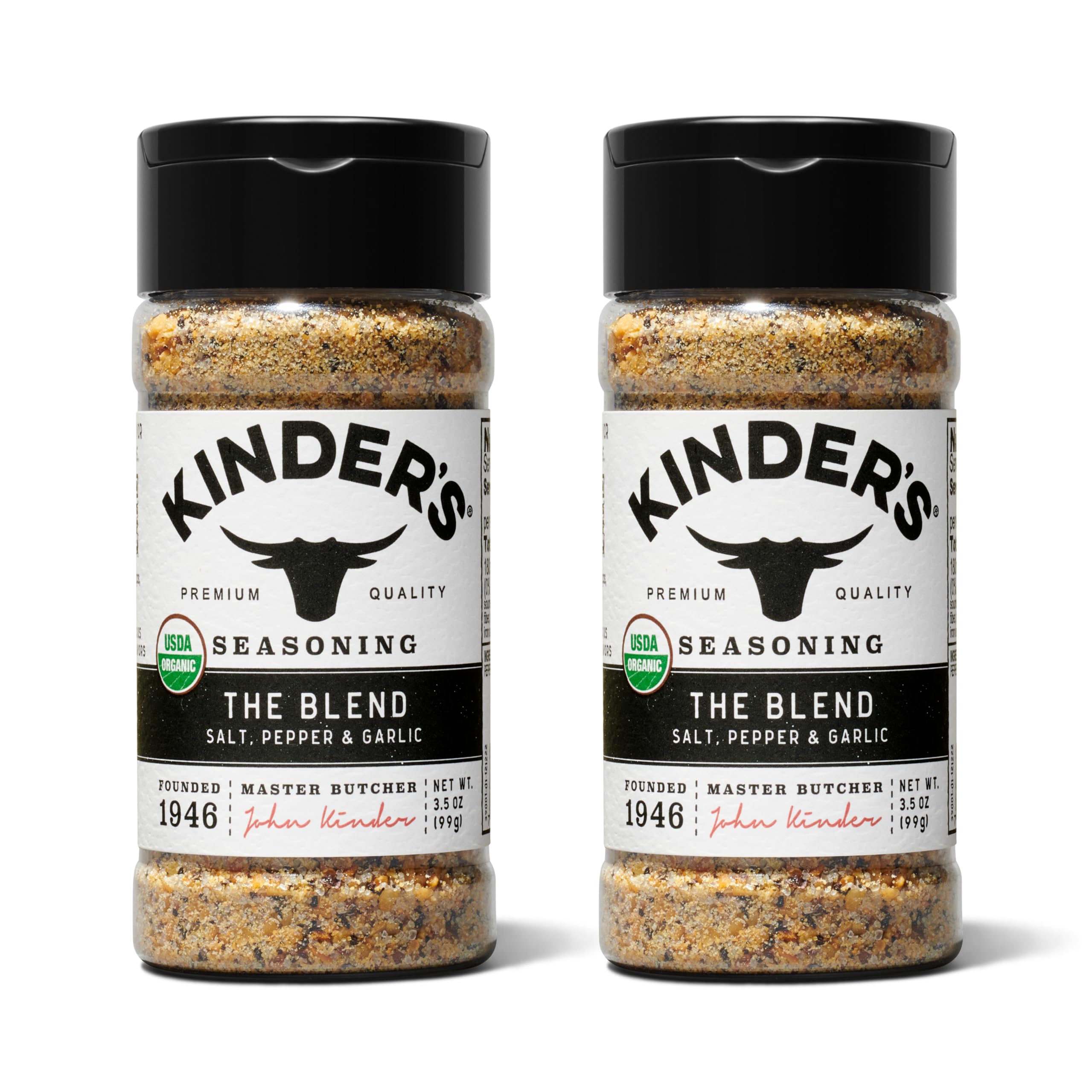 Kinder's The Blend jar with sea salt, pepper, and garlic for versatile seasoning.