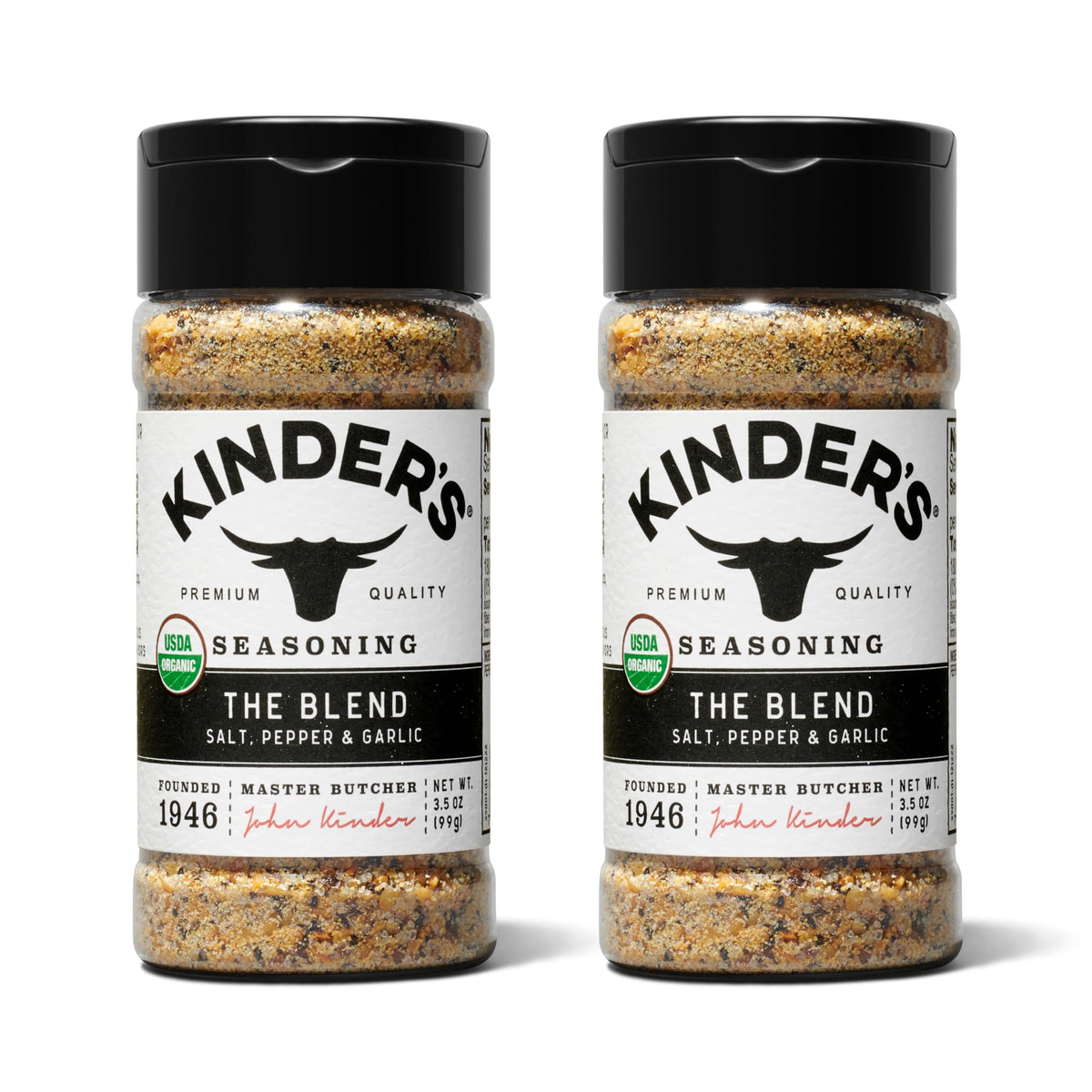 Kinder's The Blend jar with sea salt, pepper, and garlic for versatile seasoning.