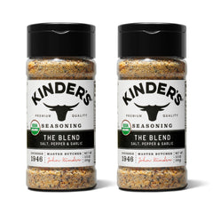 Kinder's The Blend jar with sea salt, pepper, and garlic for versatile seasoning.