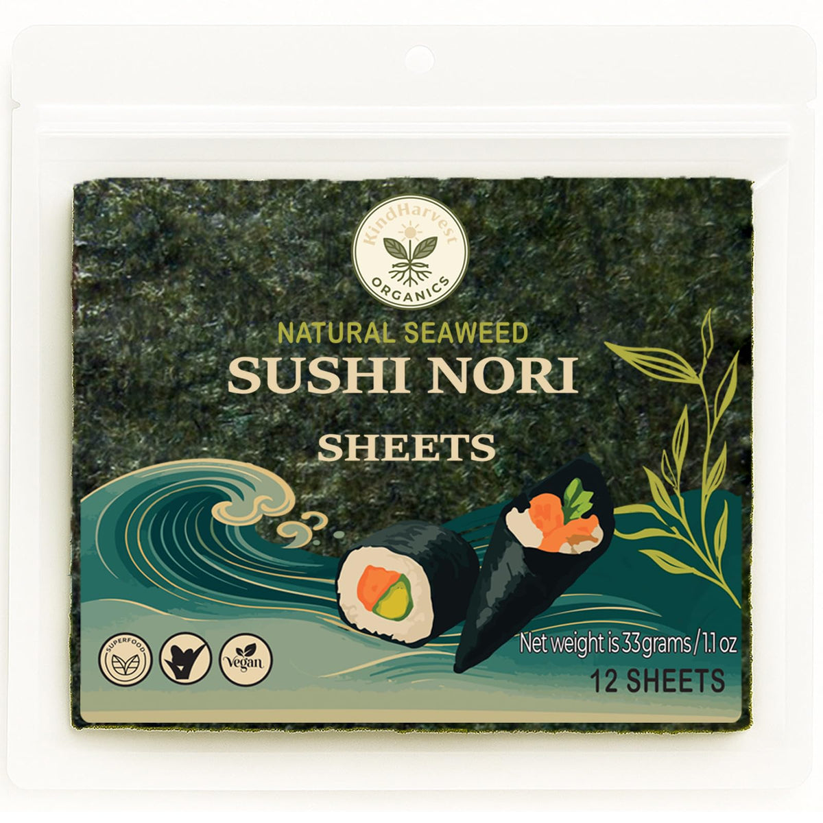 KindHarvest Organics sushi nori sheets roasted for crisp sushi rolls.