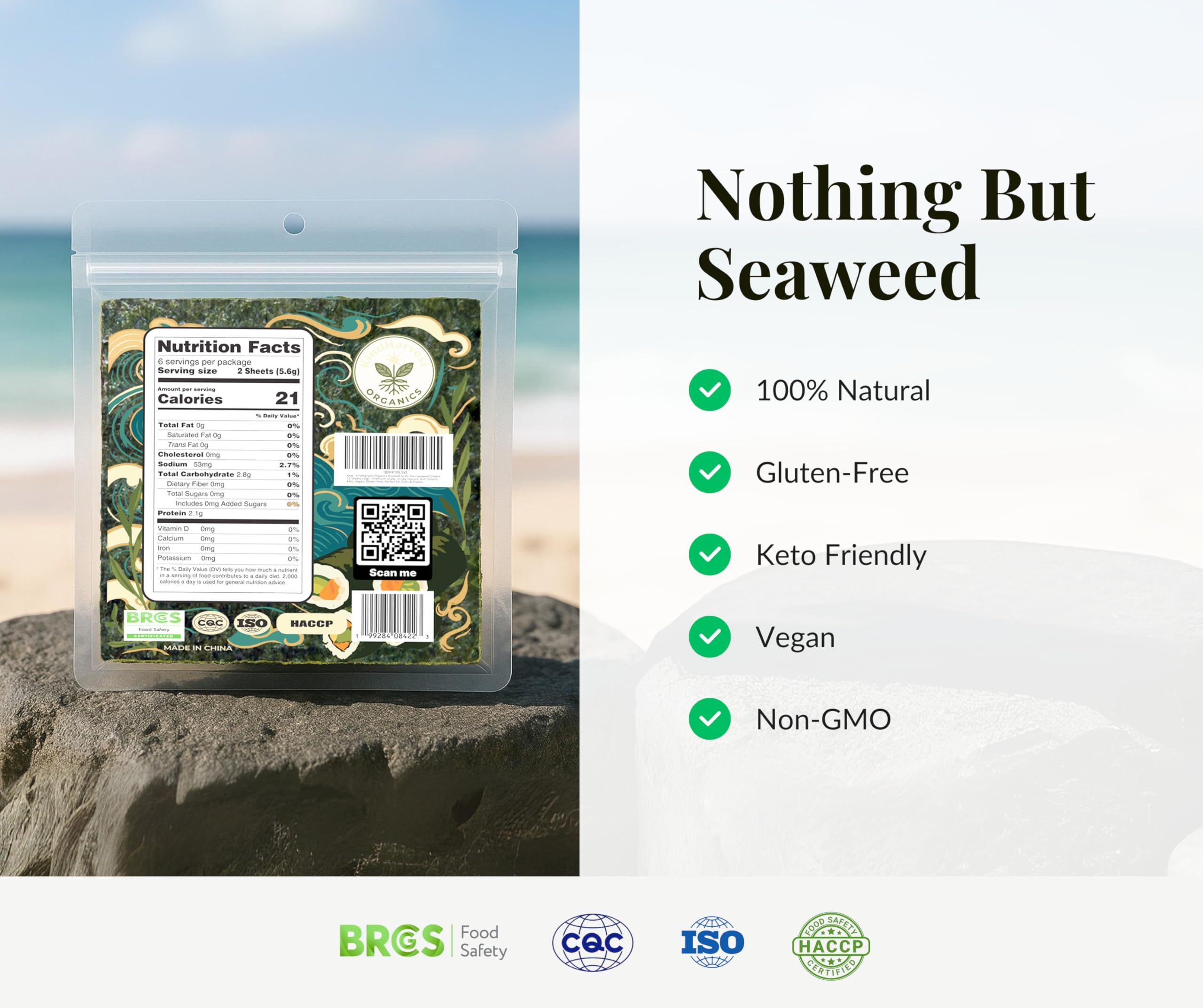 KindHarvest nori sheets gently roasted for clean ocean umami taste.