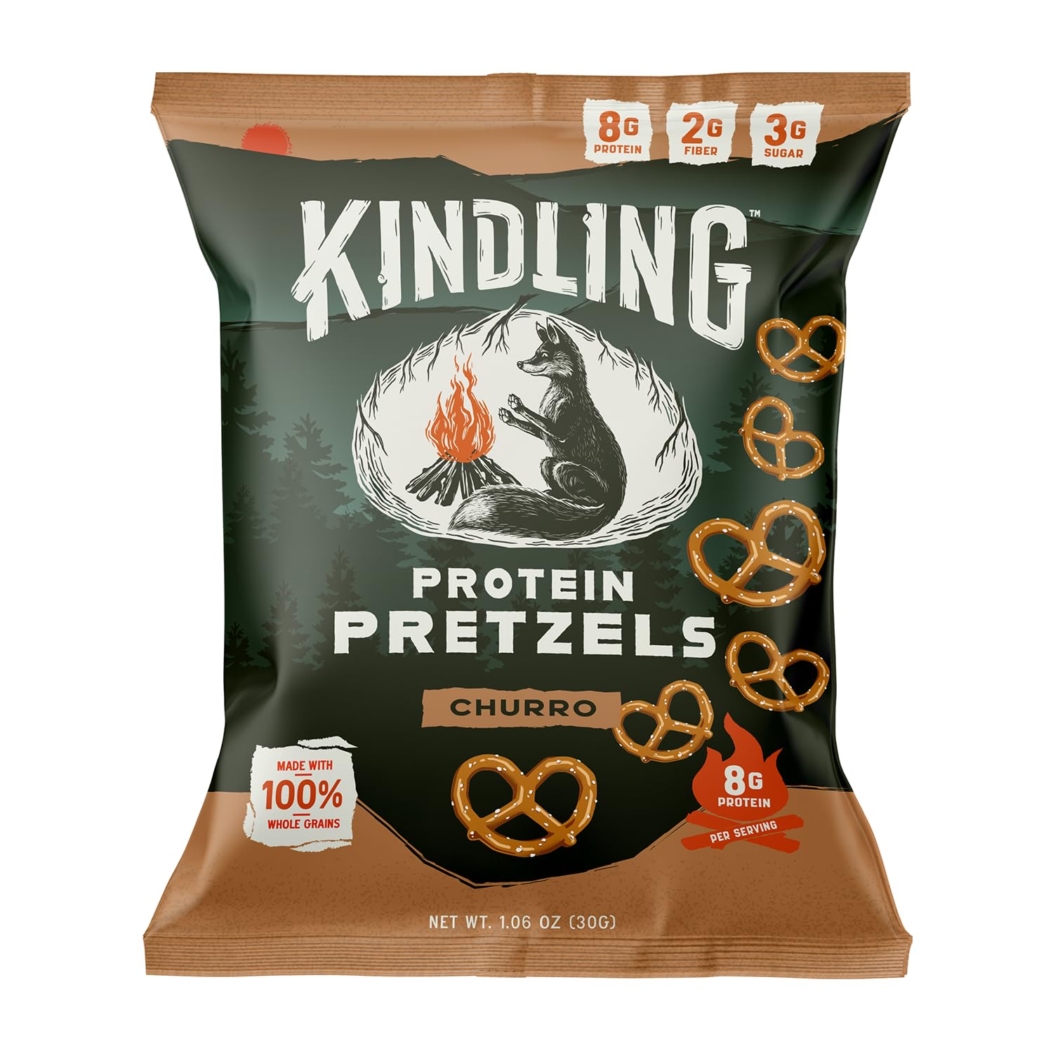 Kindling Churro pretzels on kitchen counter highlight crisp, premium ingredients.