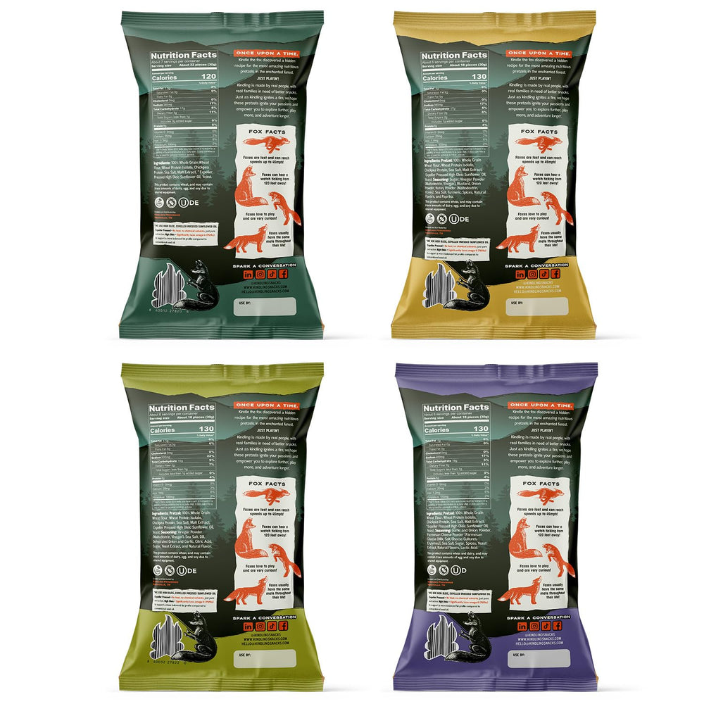 Front view of Kindling Protein Pretzels 4-pack showing flavor variety.