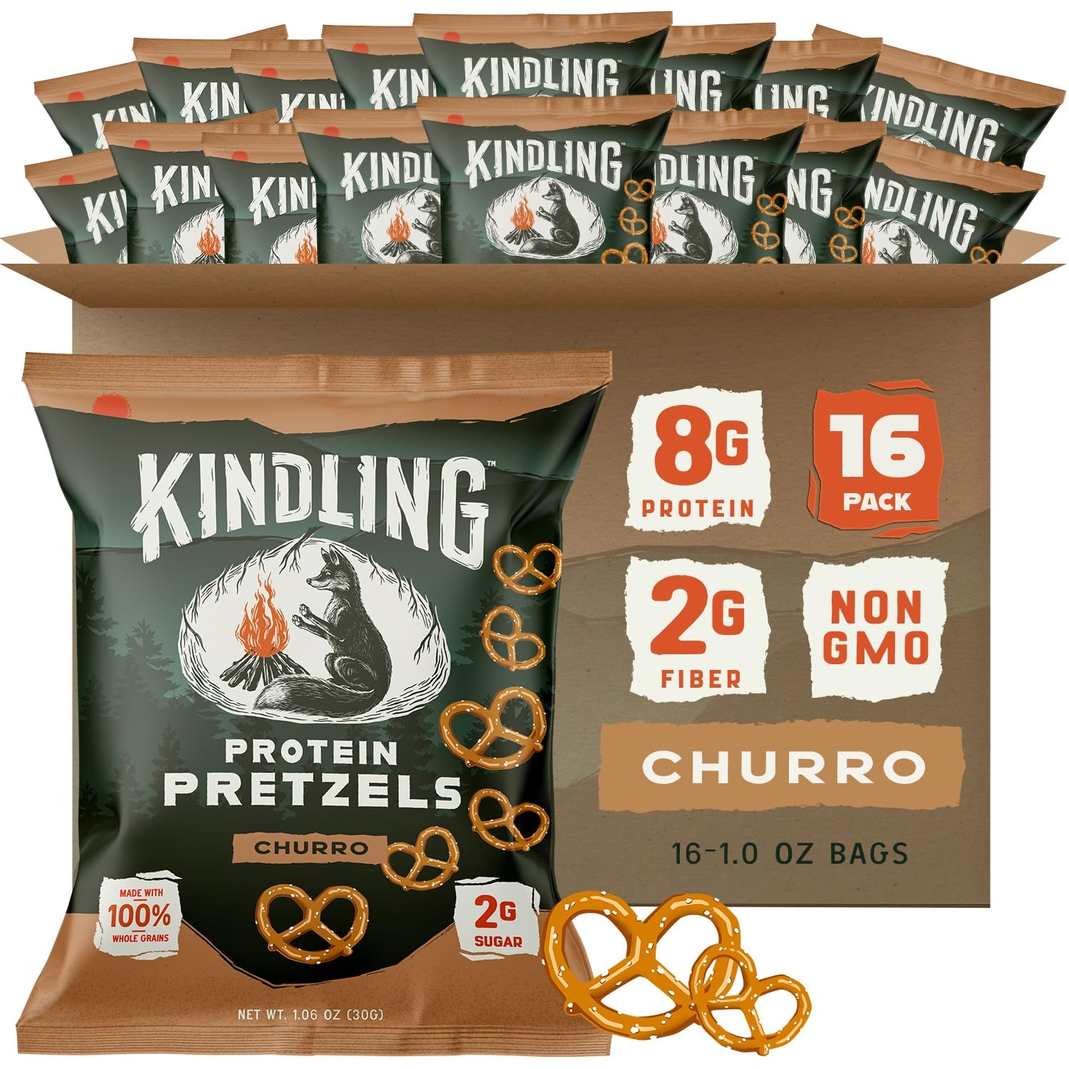 Kindling Protein Pretzels Churro bag close-up highlighting protein-packed crunch for on-the-go snacking.