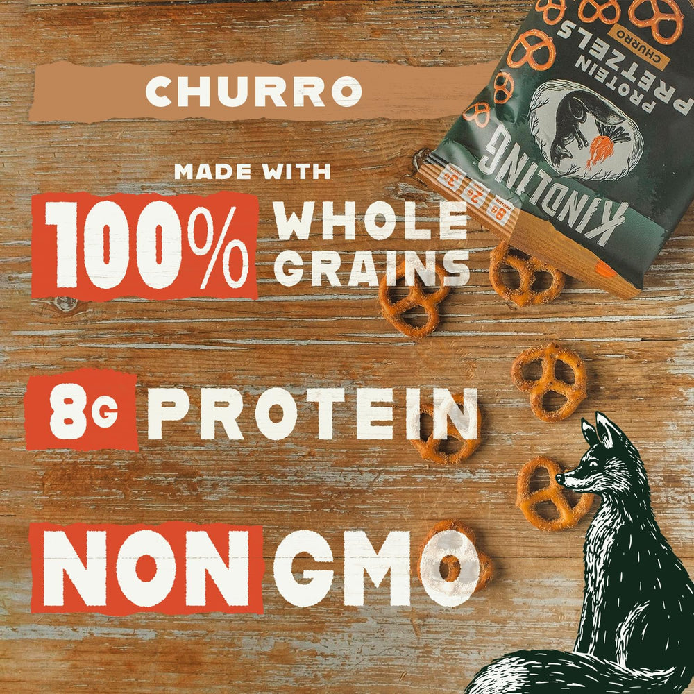 Kindling Protein Pretzels Churro bag in hands for a ready-to-eat snack.