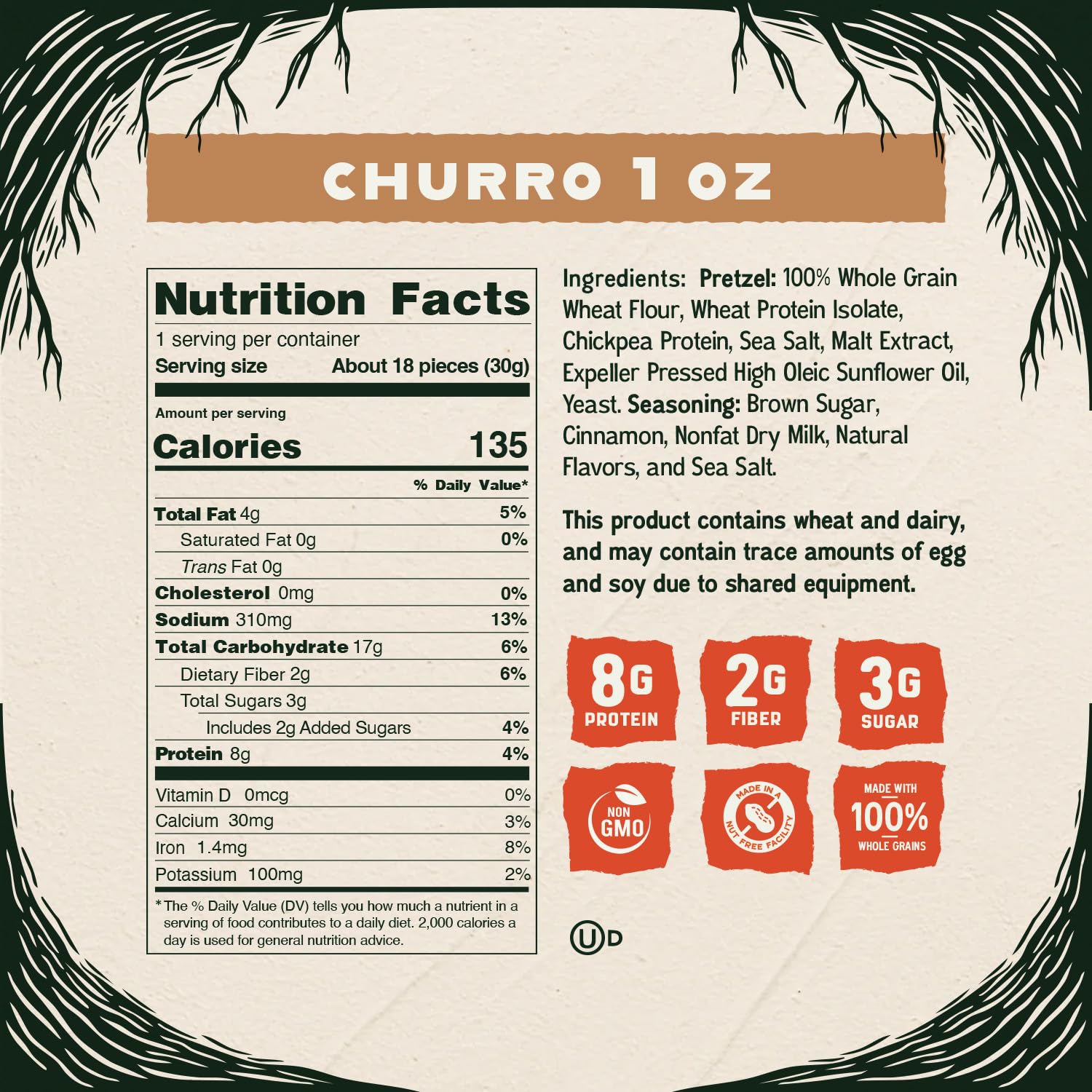 Kindling Protein Pretzels Churro ingredients highlight whole grains and clean ingredients.