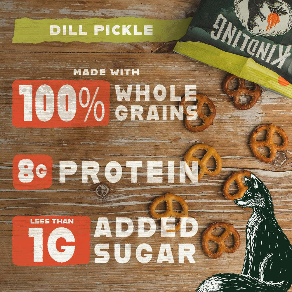 Kindling Protein Pretzels Dill-Pickle bag on desk, ideal lunchbox snack.