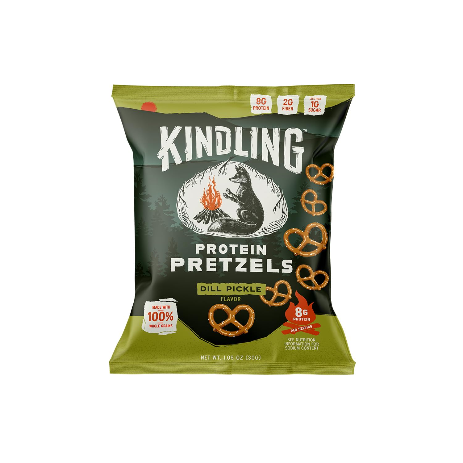 Kindling Protein Pretzels Dill-Pickle on-the-go snack beside a water bottle.