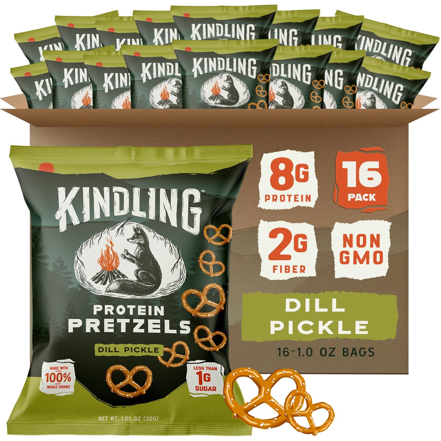 Kindling Protein Pretzels Dill-Pickle pack, portable protein boost for on-the-go snacking.