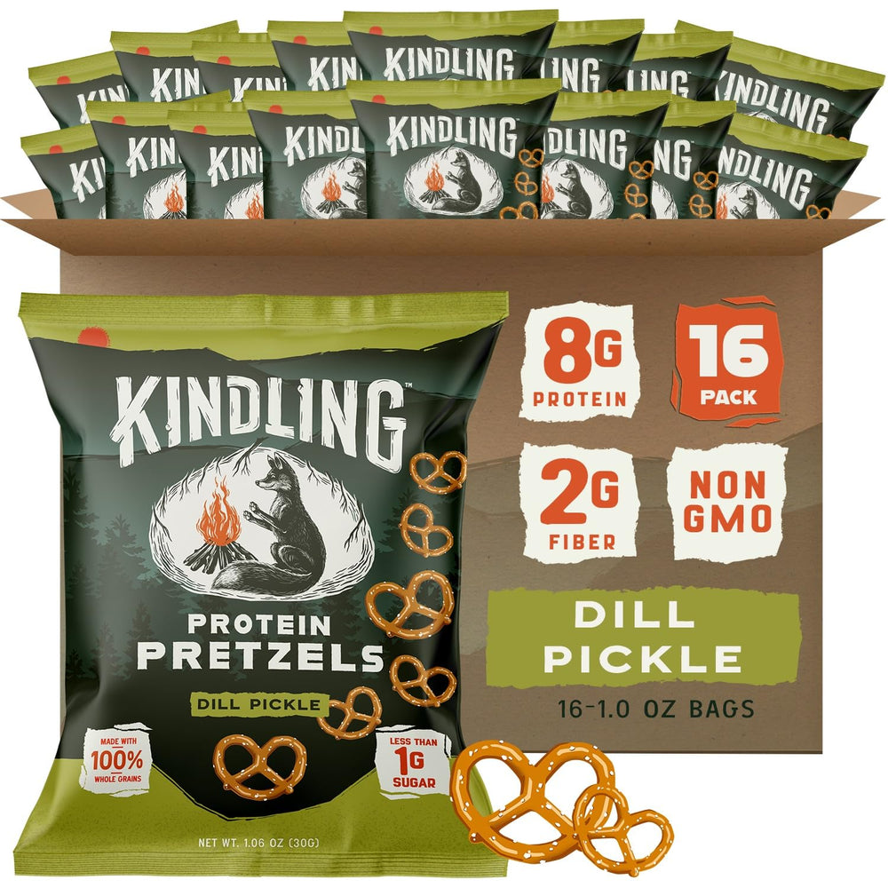 Kindling Protein Pretzels Dill-Pickle pack, portable protein boost for on-the-go snacking.