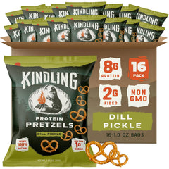 Kindling Protein Pretzels Dill-Pickle pack, portable protein boost for on-the-go snacking.