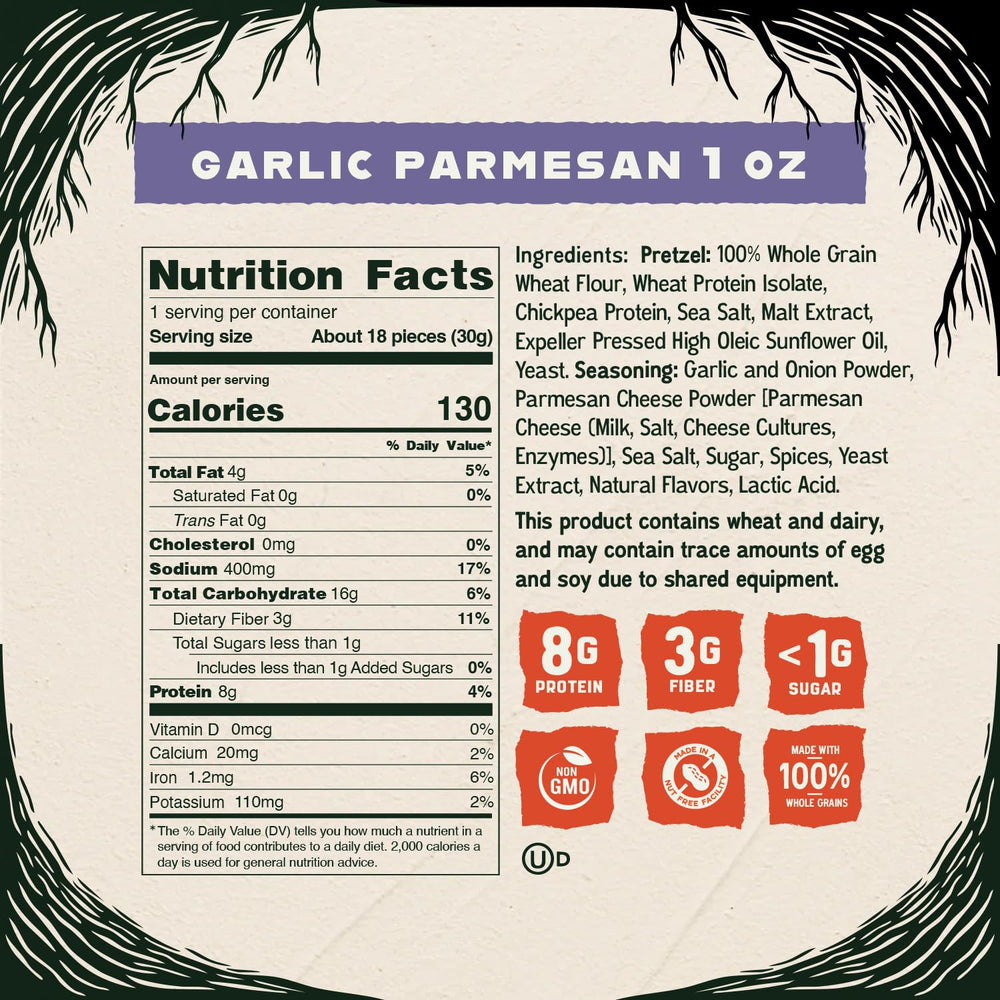 Kindling Protein Pretzels Garlic-Parmesan close-up reveals crisp baked texture.