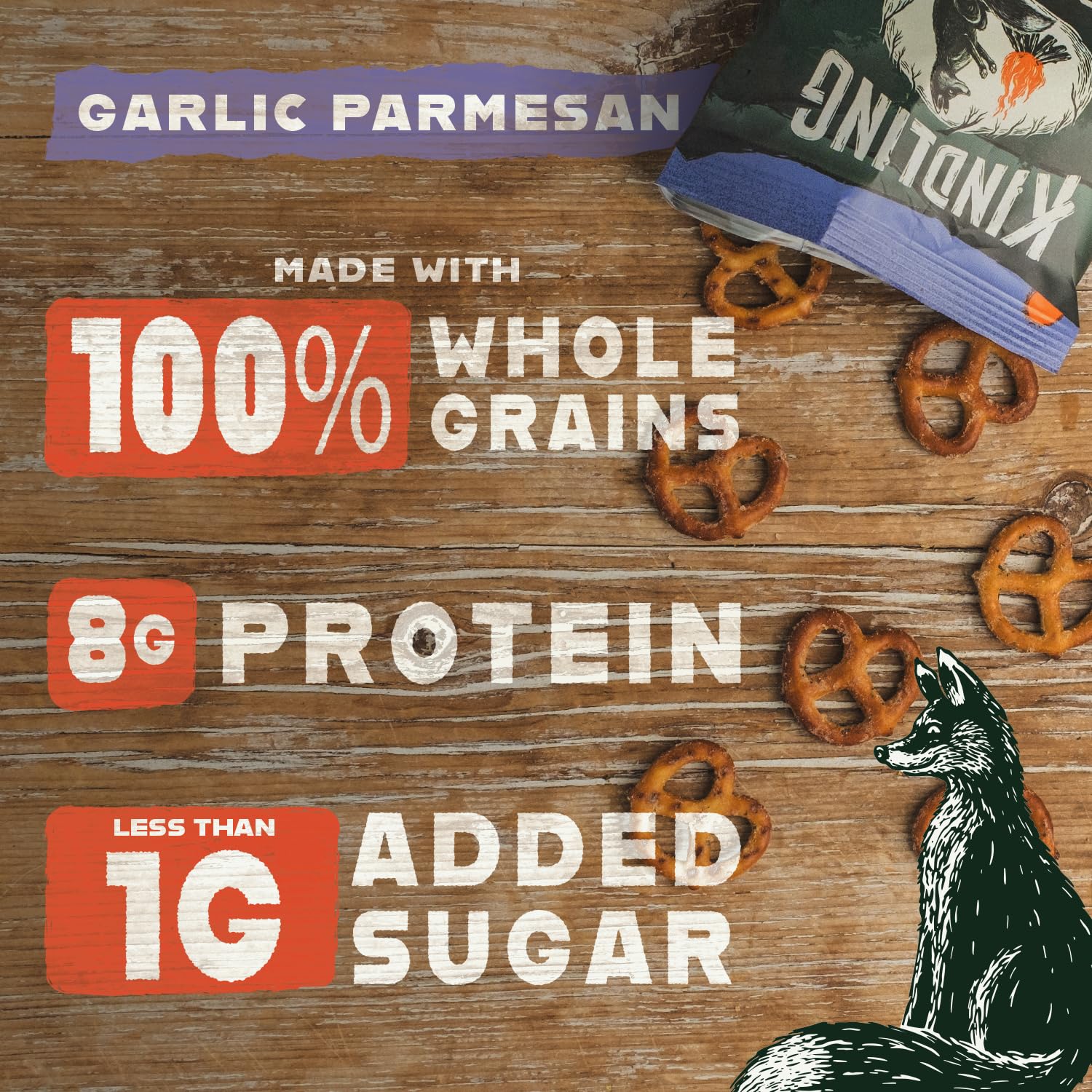 Kindling Protein Pretzels Garlic-Parmesan ingredient panel highlights clean ingredients.