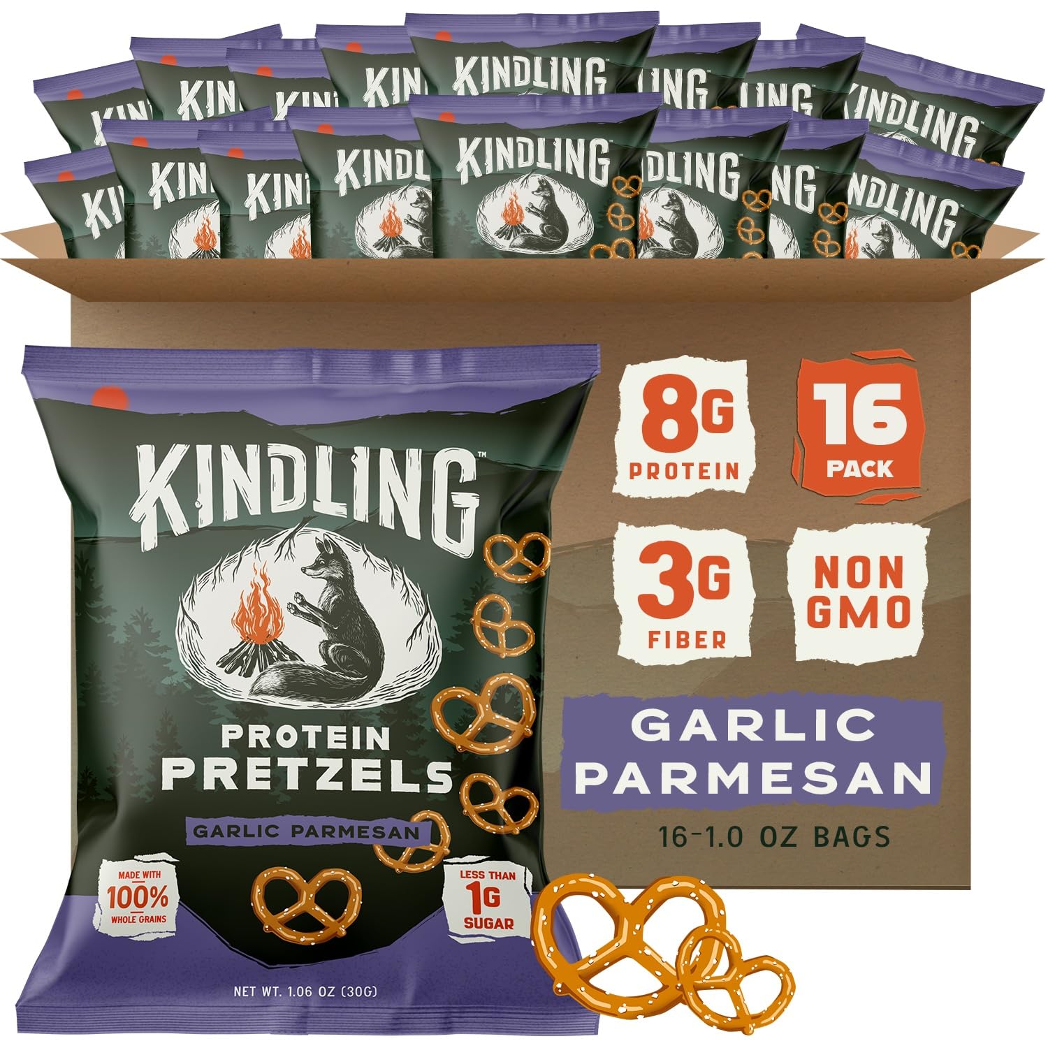 Kindling Protein Pretzels Garlic-Parmesan bag shows on-the-go protein for busy days.