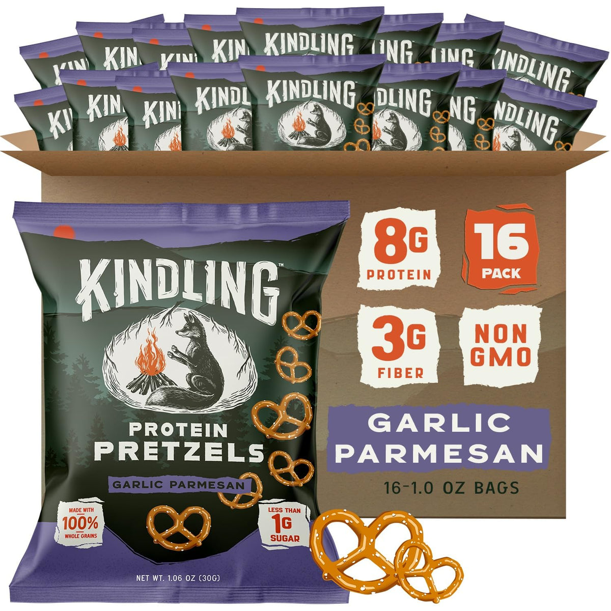 Kindling Protein Pretzels Garlic-Parmesan bag shows on-the-go protein for busy days.