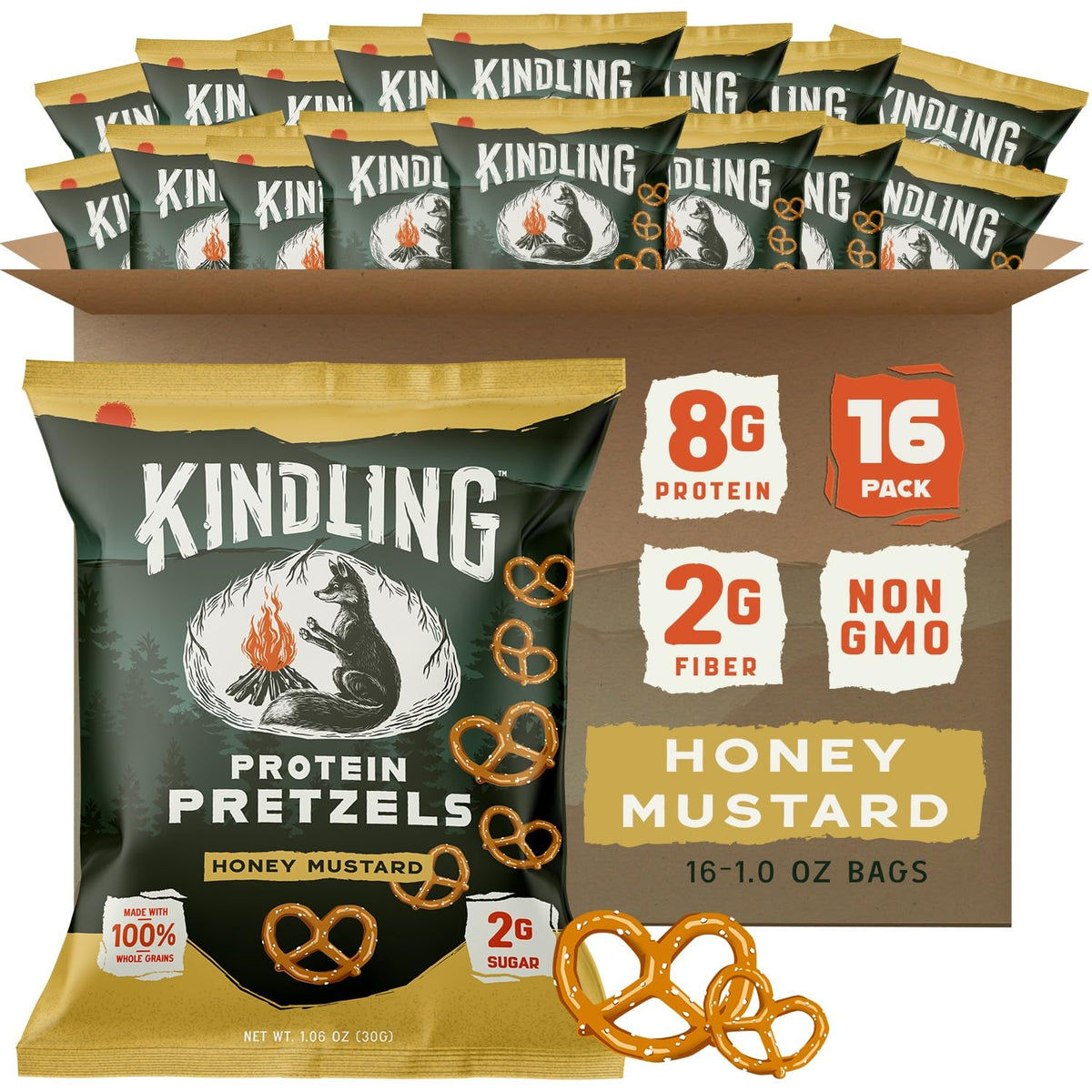 Kindling Protein Pretzels Honey Mustard bag closeup showing protein-packed crunch for on-the-go snacking.