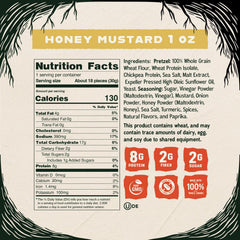 Kindling Protein Pretzels Honey Mustard nutrition panel on bag highlights 8-9g protein per serving.