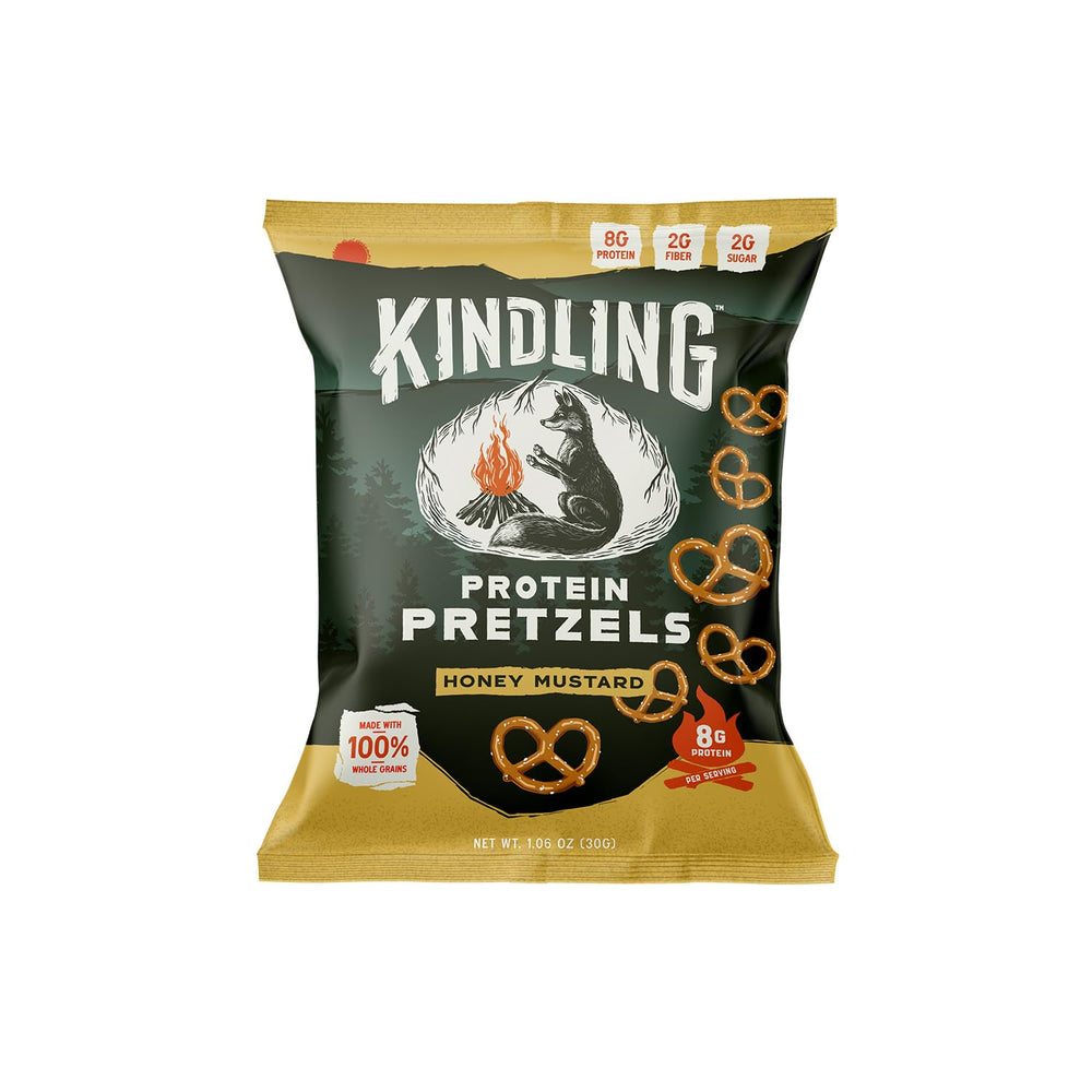 Kindling Protein Pretzels Honey Mustard on kitchen counter with bold flavor profile.