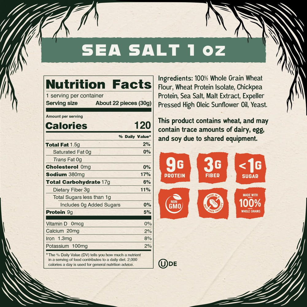 Kindling Protein Pretzels Sea Salt 16-pack back label with nutrition and kosher seal