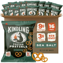 Kindling Protein Pretzels Sea Salt 16-pack front view showing protein-packed crunch for on-the-go