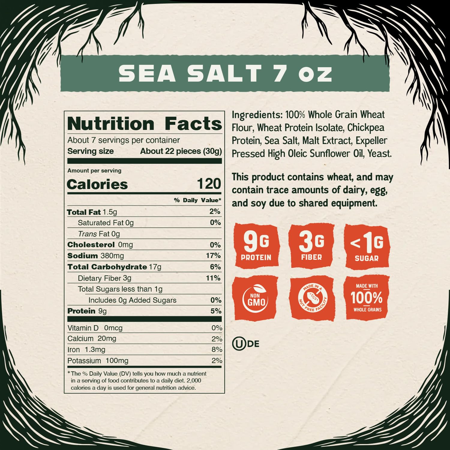 Kindling Protein Pretzels Sea Salt bag close-up showing wholesome grains for energy.