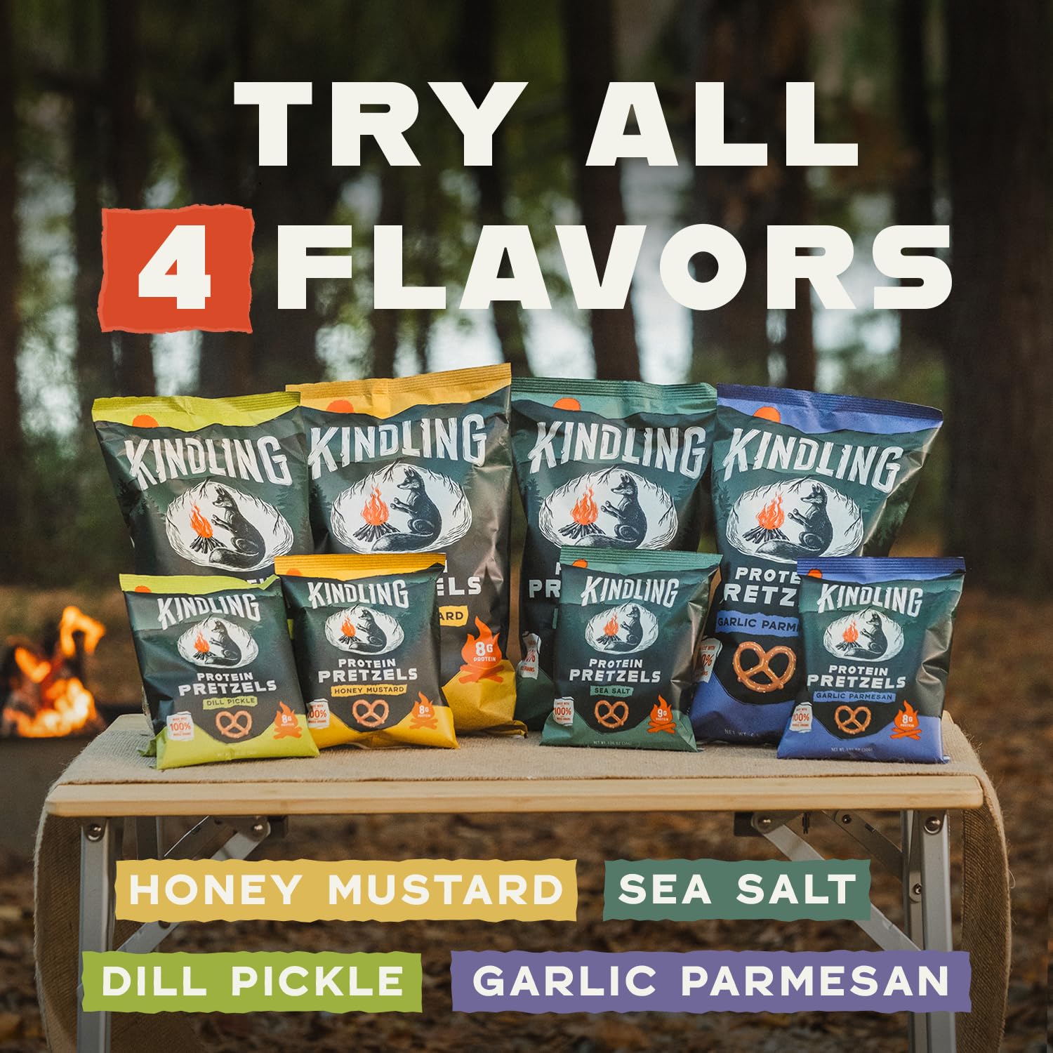 Kindling Protein Pretzels Sea Salt nutrition panel view, 8-9g protein per serving.
