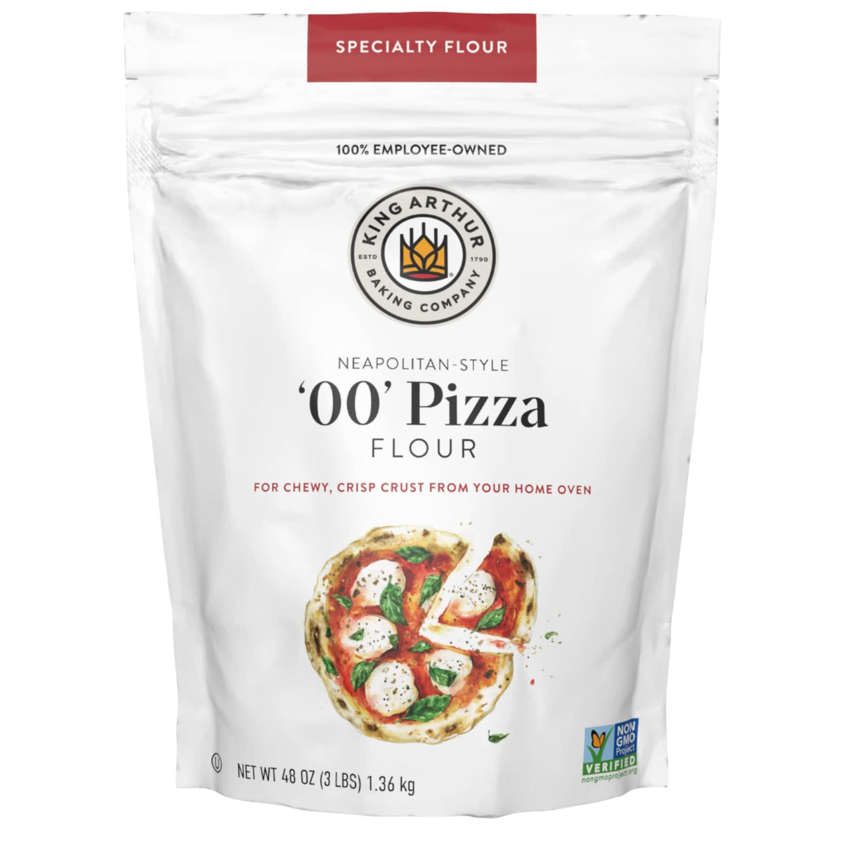King Arthur 00 Pizza Flour bag, premium 3 lb packaging for home pizza.