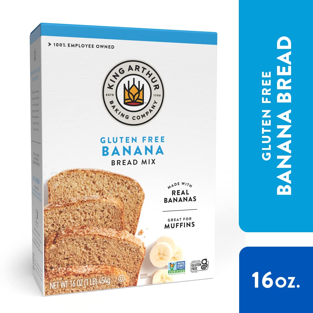 King Arthur gluten-free banana bread mix poured into bowl with ripe bananas.