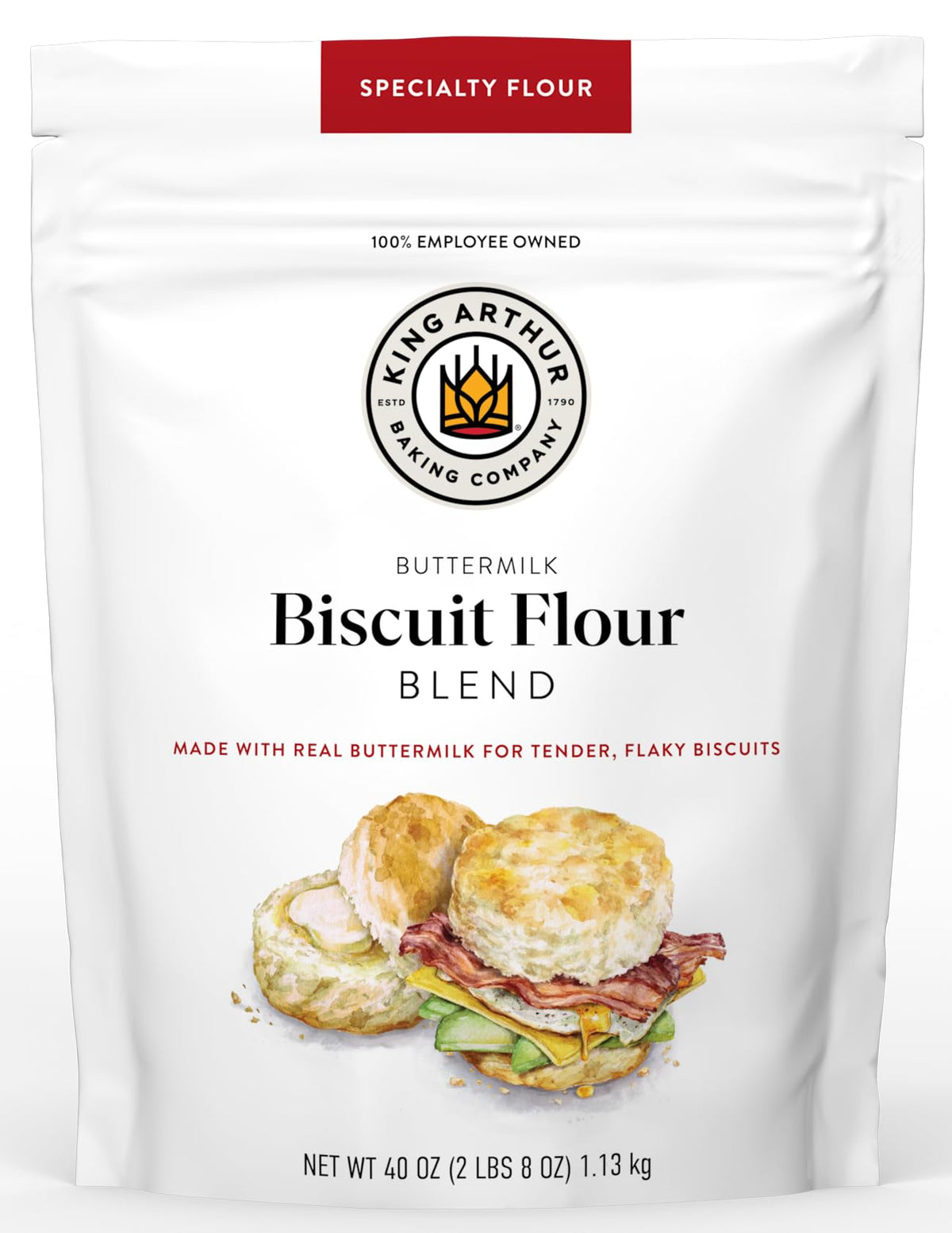 King Arthur Buttermilk Biscuit Flour Blend bag front, non-GMO ingredients for fluffy biscuits.