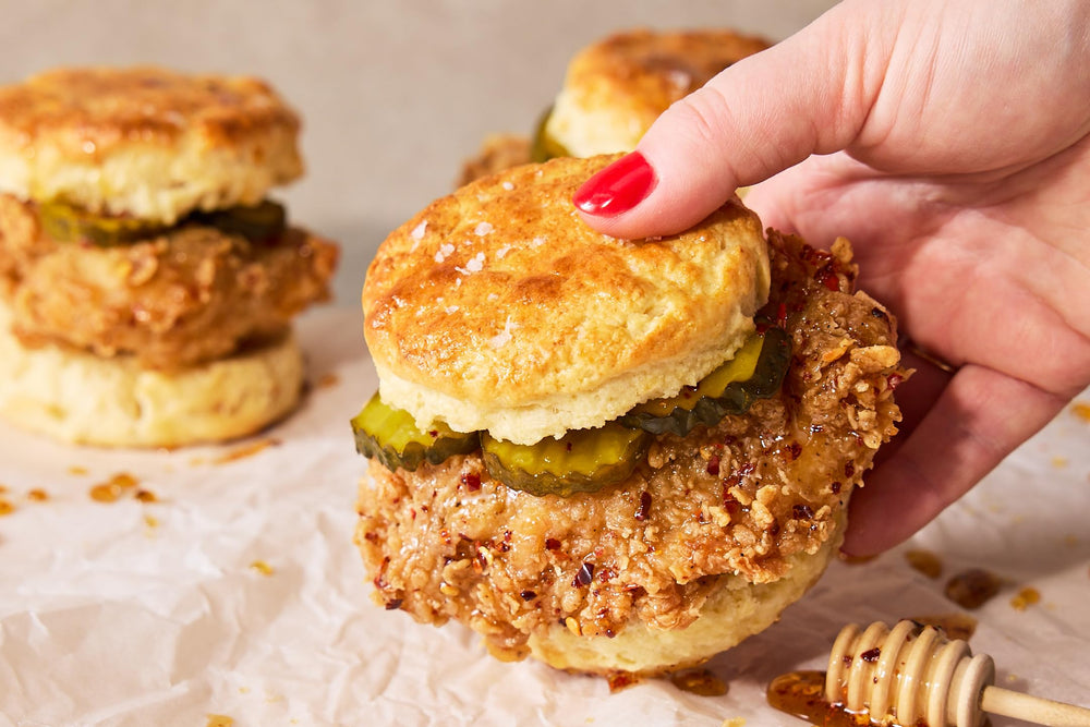 Kitchen scene featuring King Arthur Biscuit Flour Blend and real buttermilk flavors.