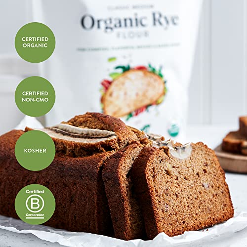 King Arthur Organic Rye Flour bag with brand logo signaling US-grown, quality ingredients.